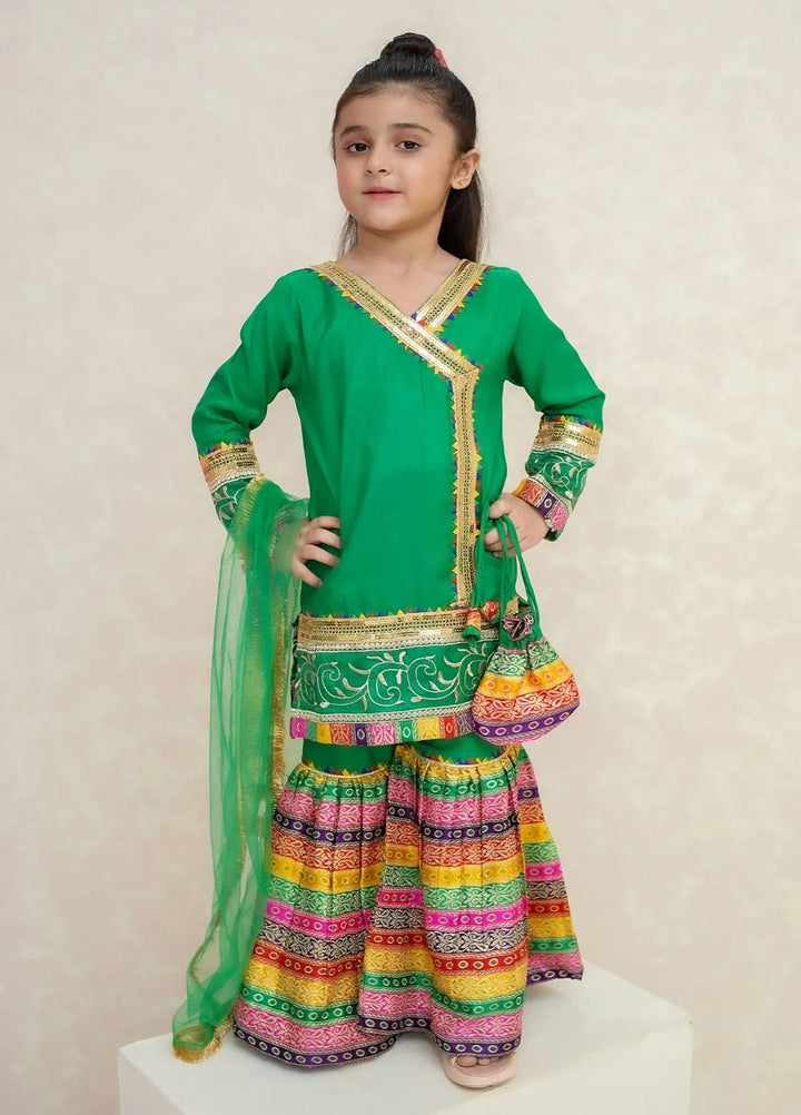 Modest Pret Emblished Raw Silk 3 Piece Suit Mah e Noor Green