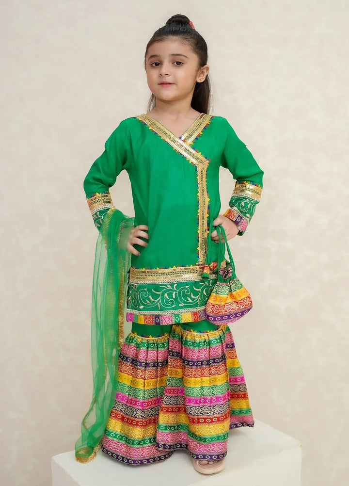 Modest Pret Emblished Raw Silk 3 Piece Suit Mah e Noor Green