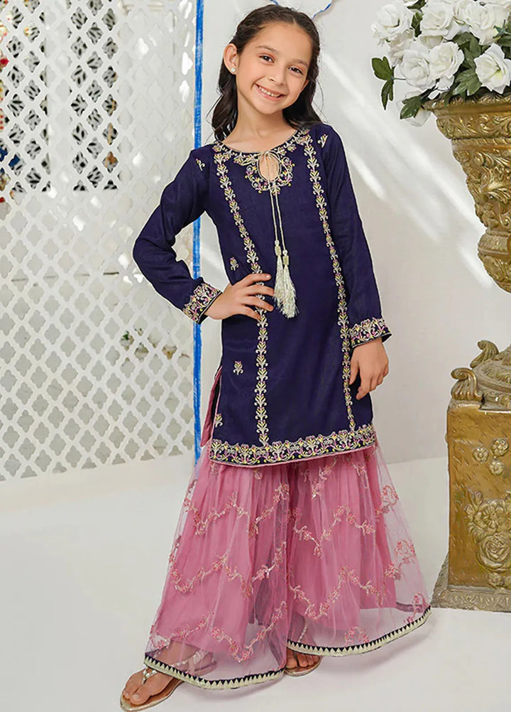 Modest Pret Embroidered Raw Silk 3 Piece Suit Gulnoor Kids