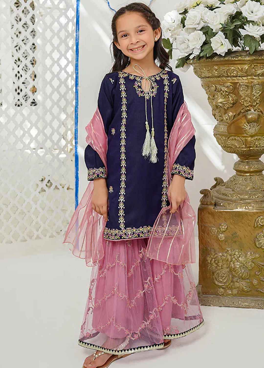 Modest Pret Embroidered Raw Silk 3 Piece Suit Gulnoor Kids