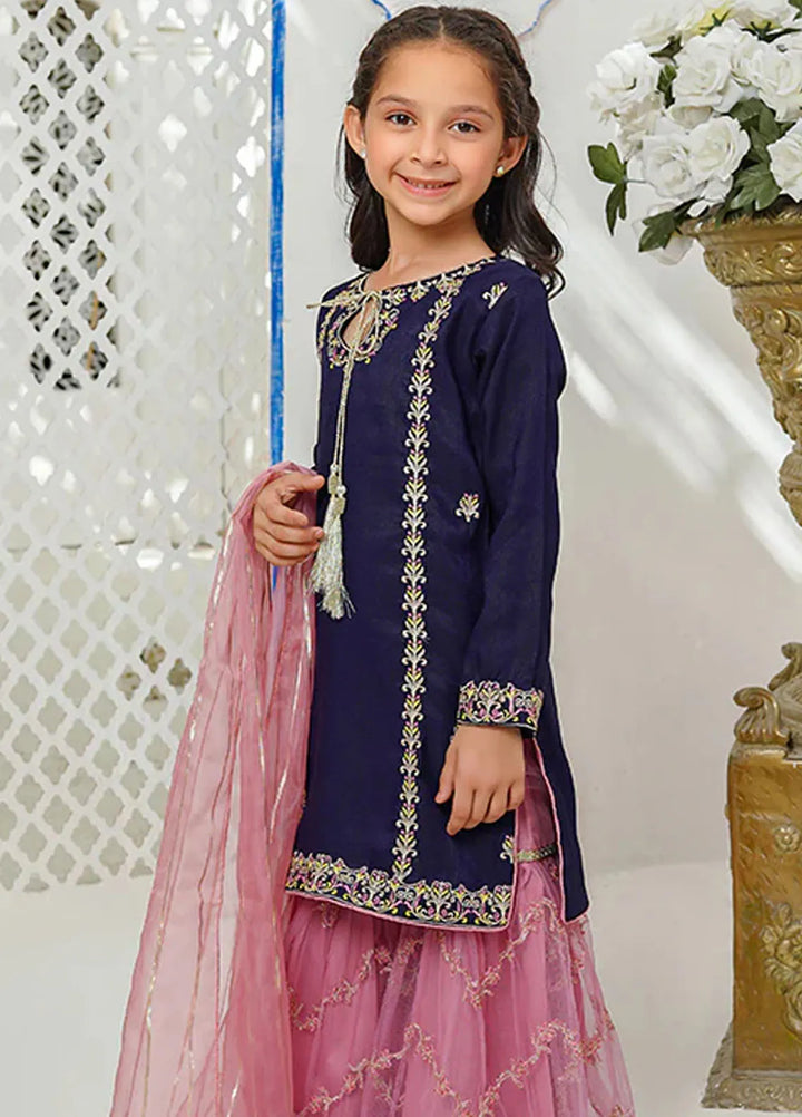 Modest Pret Embroidered Raw Silk 3 Piece Suit Gulnoor Kids