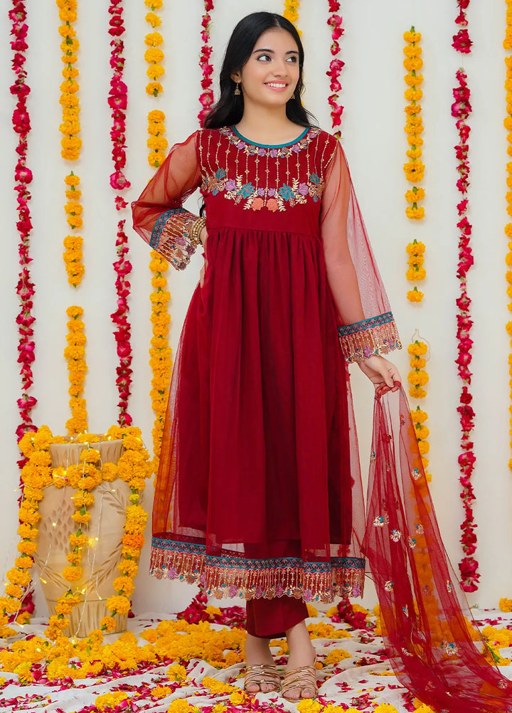 Modest Pret Surkhab Net 3 Piece Suit Surkhab