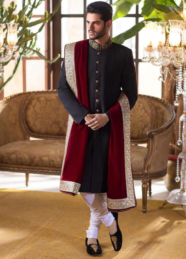 Mohtaram Woven Formal Sherwani for Men -  Black Tropical Suiting and Shawl