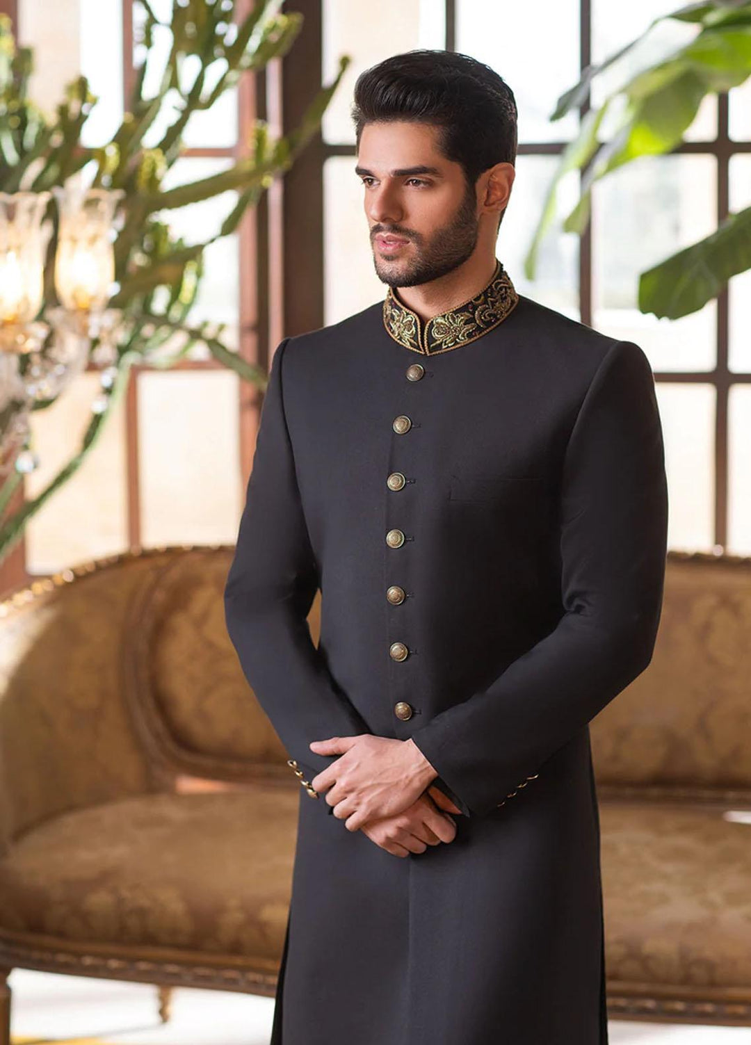 Mohtaram Woven Formal Sherwani for Men -  Black Tropical Suiting and Shawl