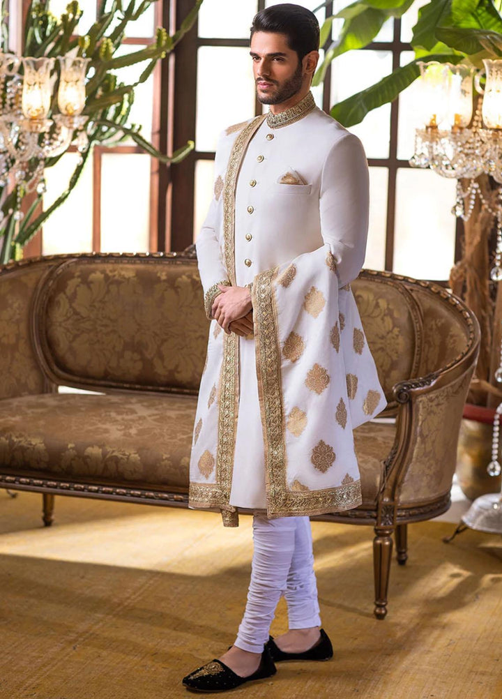 Mohtaram Jacquard Formal Sherwani for Men -  Pearl White tropical suiting and Shawl