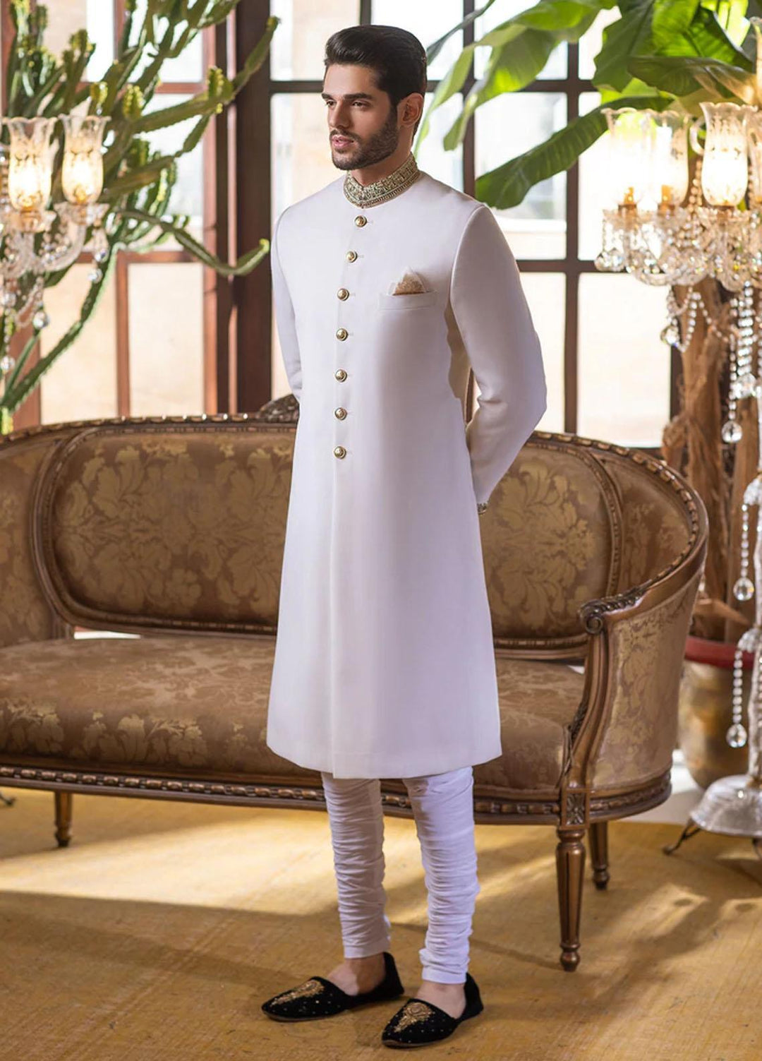 Mohtaram Jacquard Formal Sherwani for Men -  Pearl White tropical suiting and Shawl