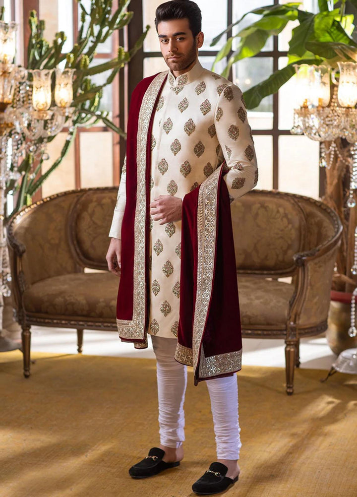 Mohtaram Raw Silk Formal Men Sherwani -  Ivory White Khaddi Raw Silk Sherwani and Shawl