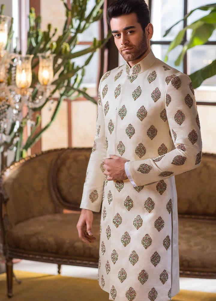 Mohtaram Raw Silk Formal Men Sherwani -  Ivory White Khaddi Raw Silk Sherwani and Shawl