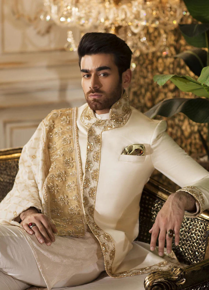 Mohtaram Raw Silk Formal Sherwani for Men -  Sherwani - Off-White-Raw-Silk