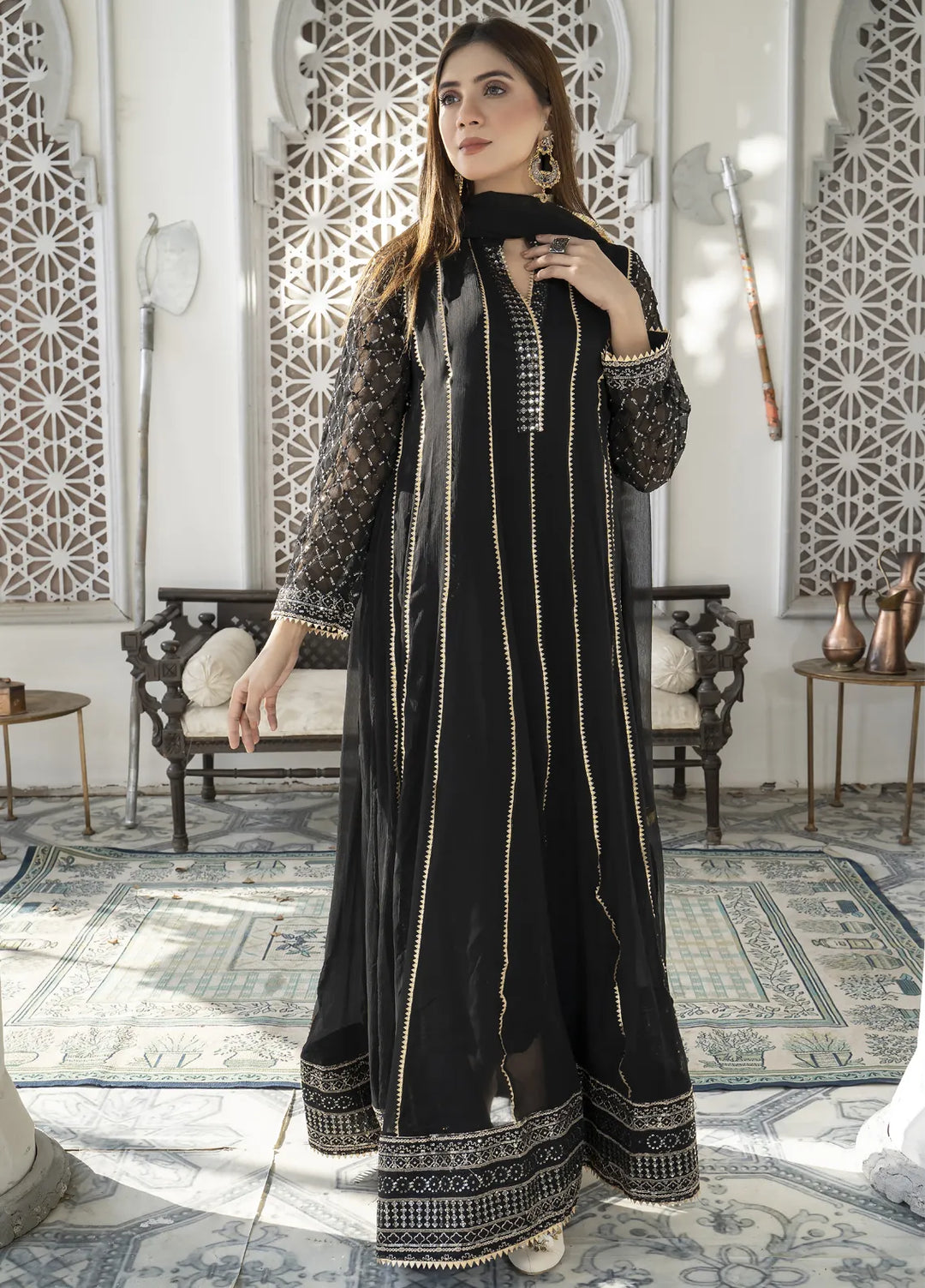 Mona Embroidery Luxury Pret Embroidered Chiffon 3 Piece Suit Embellish Azure-Black