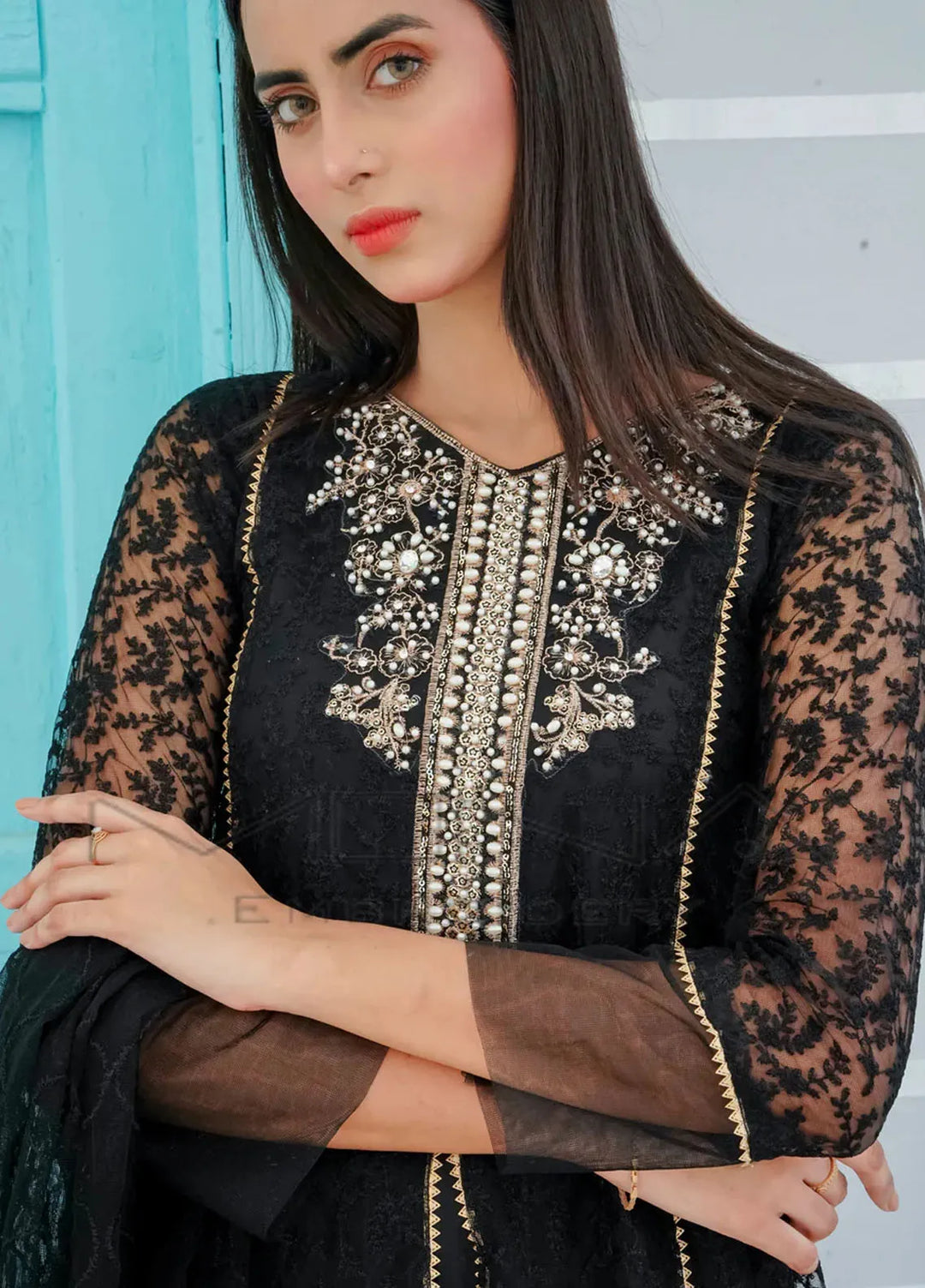 Mona Embroidery Pret Embroidered Chiffon 3 Piece Suit Delicate Drapes Black