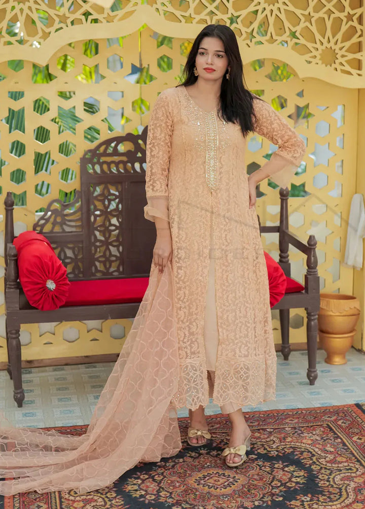 Mona Embroidery Pret Embroidered Chiffon 3 Piece Suit Delicate Drapes Peach