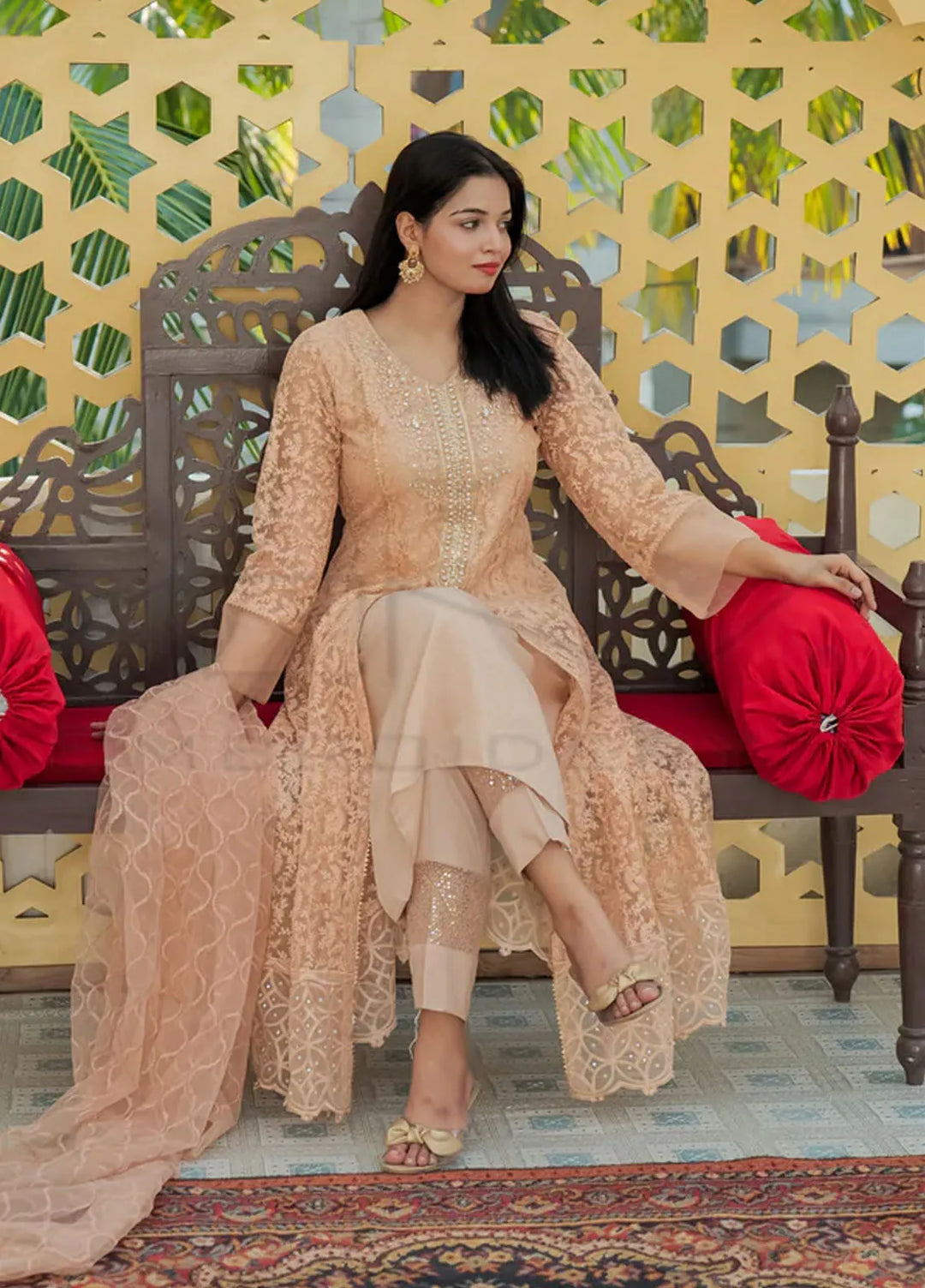 Mona Embroidery Pret Embroidered Chiffon 3 Piece Suit Delicate Drapes Peach