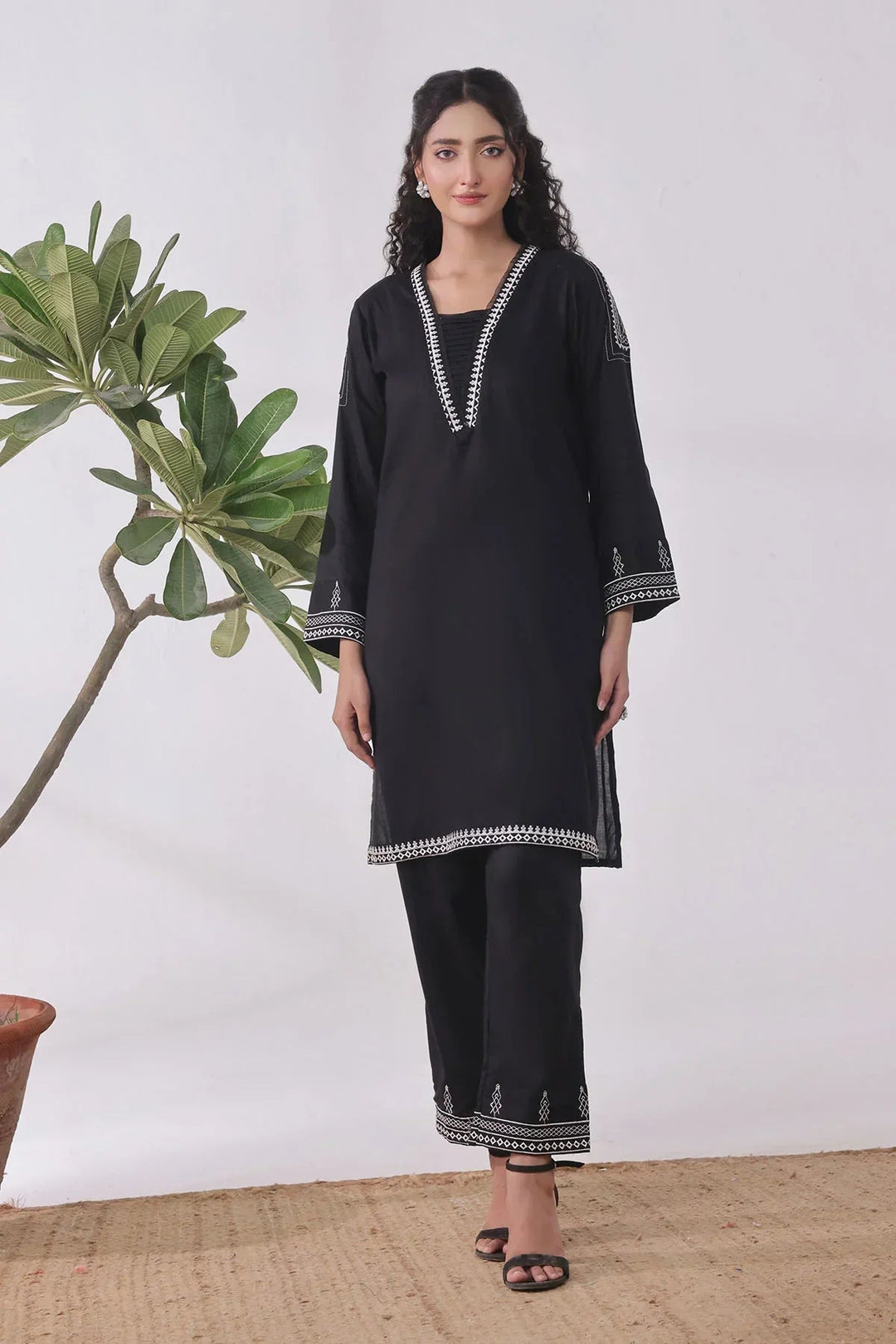 Ochre Women RTW Cotton 2 Piece Suit Black Cotton Kurta Embroidered - Festive Collection