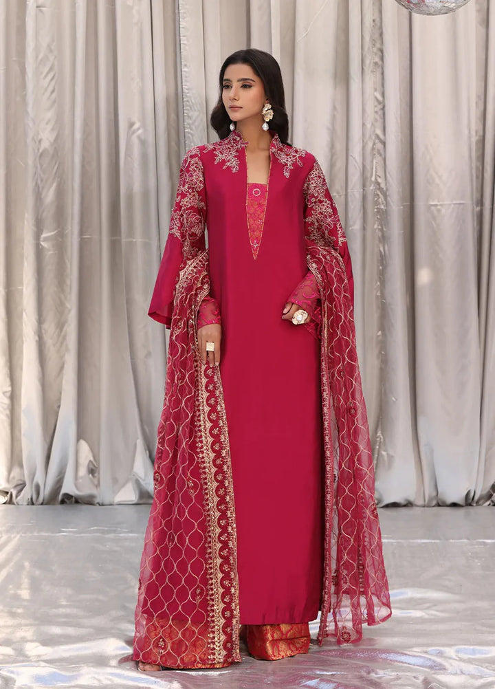Moonlit Glam by Musferah Saad Pret Embroidered Tissue Silk 3 Piece Suit Cherry Wine