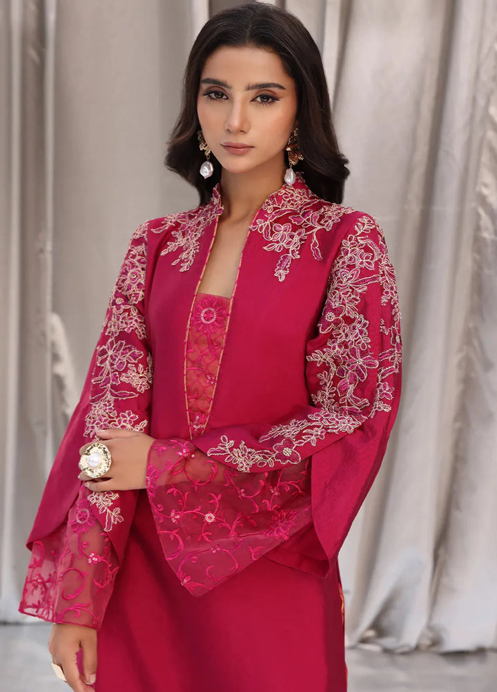 Moonlit Glam by Musferah Saad Pret Embroidered Tissue Silk 3 Piece Suit Cherry Wine