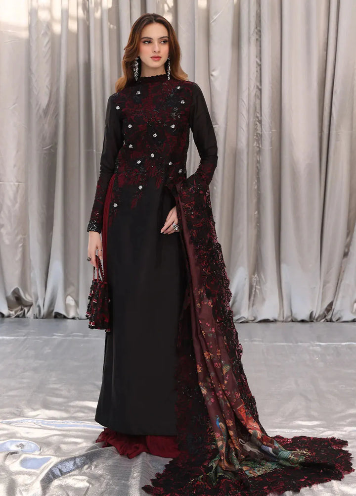 Moonlit Glam by Musferah Saad Pret Embroidered Tissue Silk 3 Piece Suit Crimson Noir