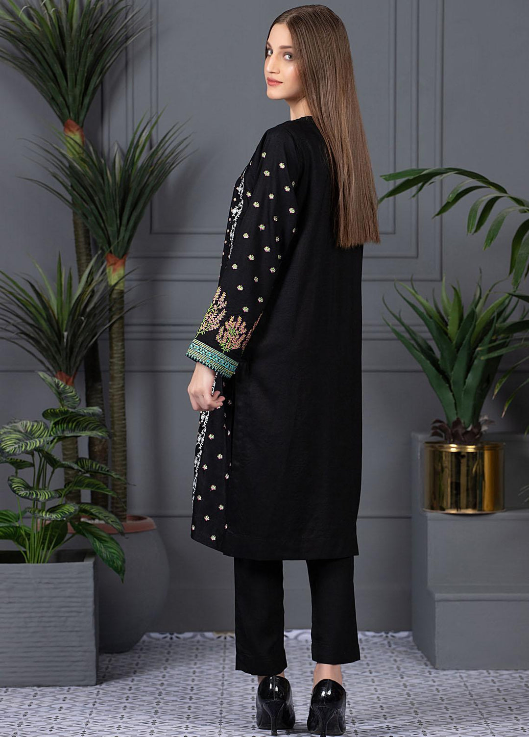 Mosaic Casual Pret Embroidered Raw Silk 2 Piece Suit MS21LR BLACK