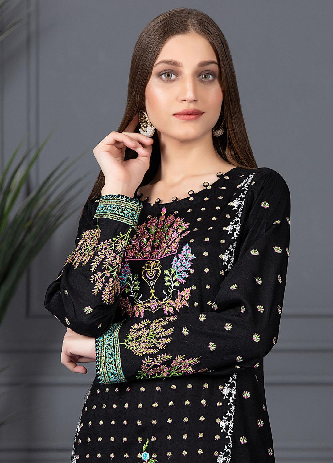 Mosaic Casual Pret Embroidered Raw Silk 2 Piece Suit MS21LR BLACK