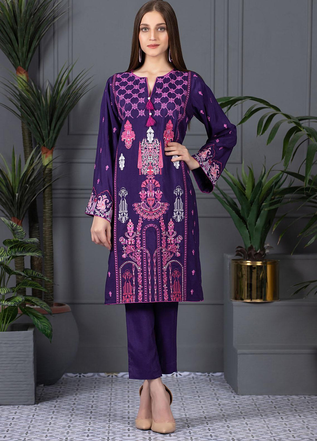 Mosaic Casual Pret Embroidered Raw Silk 2 Piece Suit MS21LR PURPLE