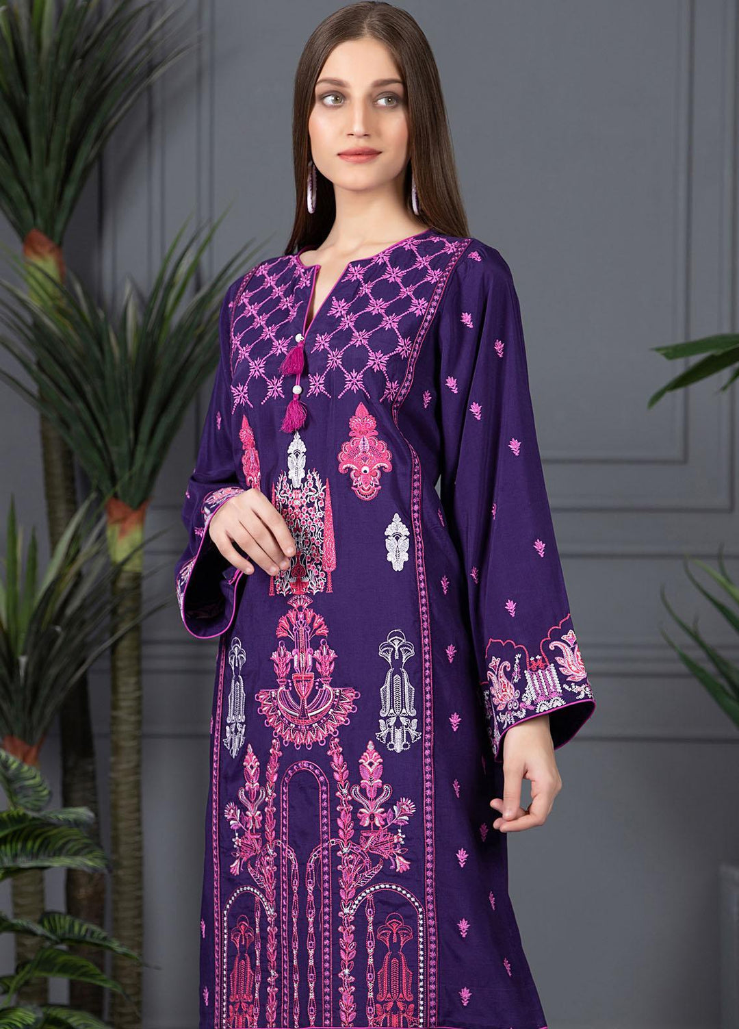 Mosaic Casual Pret Embroidered Raw Silk 2 Piece Suit MS21LR PURPLE