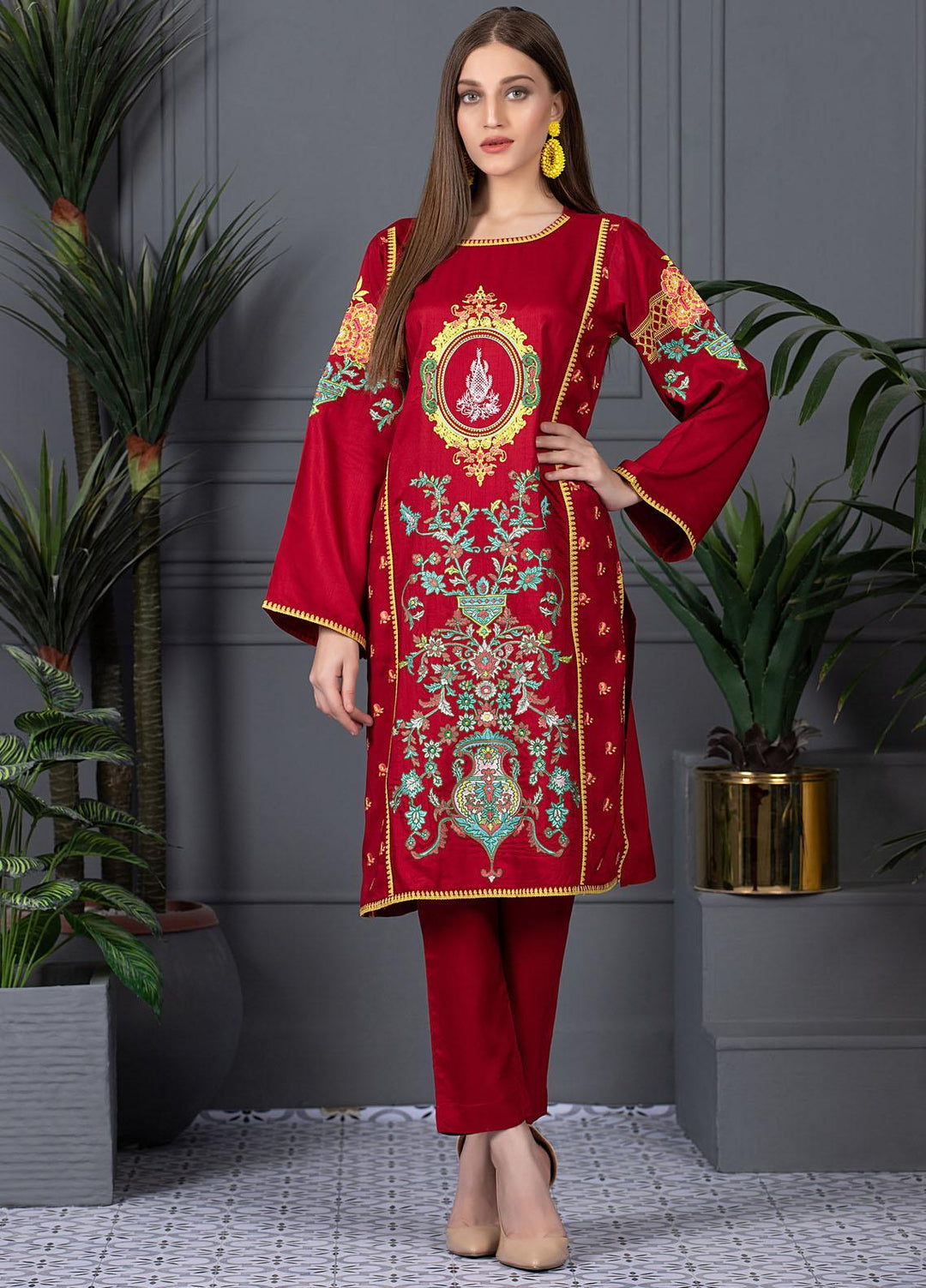Mosaic Casual Pret Embroidered Raw Silk 2 Piece Suit MS21LR RED