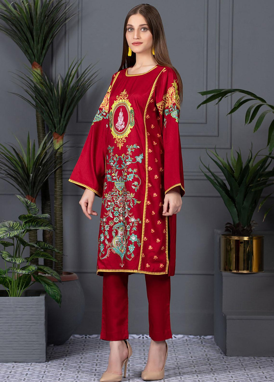 Mosaic Casual Pret Embroidered Raw Silk 2 Piece Suit MS21LR RED