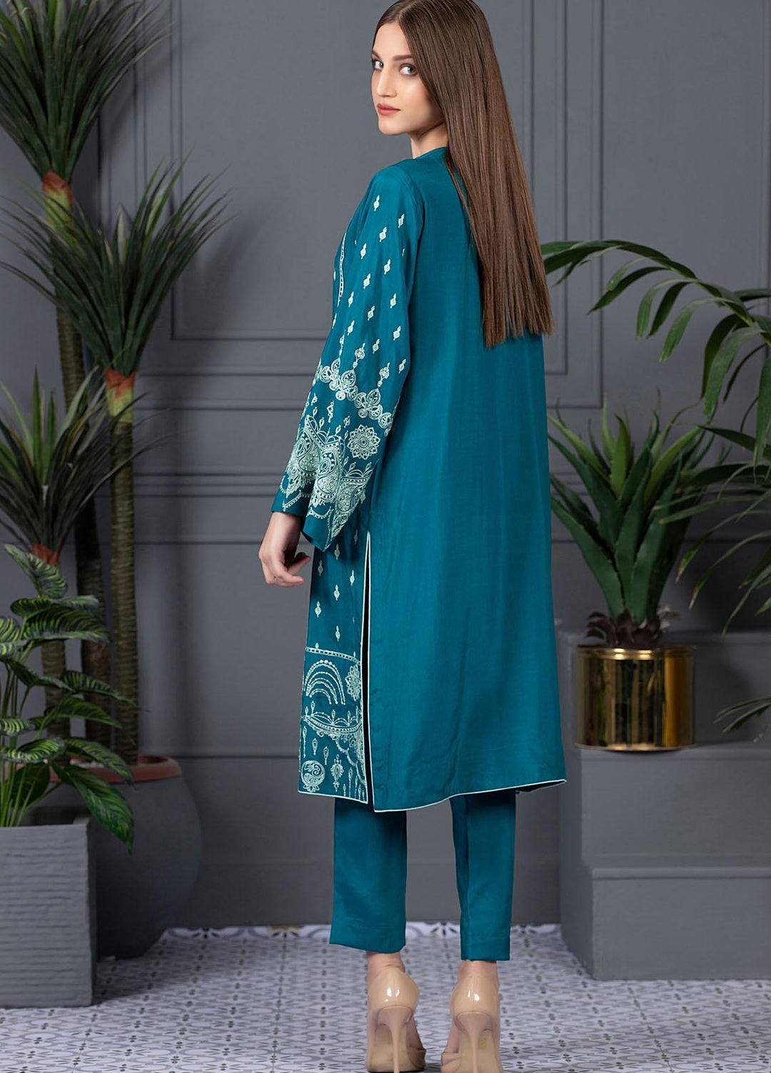 Mosaic Casual Pret Embroidered Raw Silk 2 Piece Suit MS21LR TURQUOISE