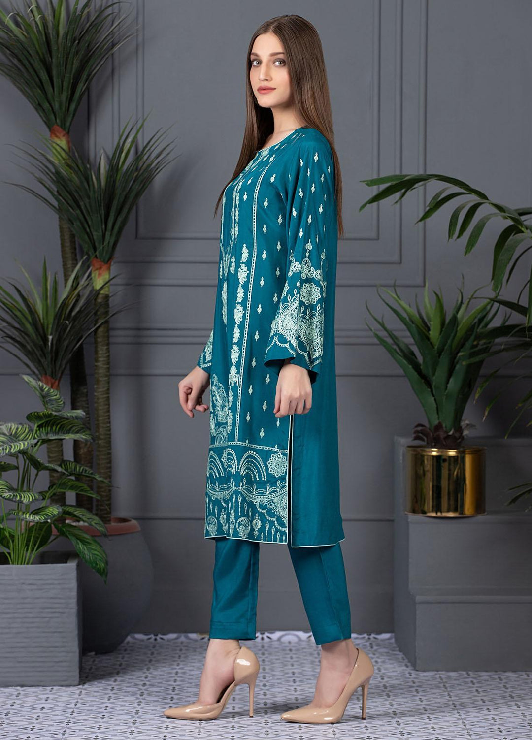Mosaic Casual Pret Embroidered Raw Silk 2 Piece Suit MS21LR TURQUOISE