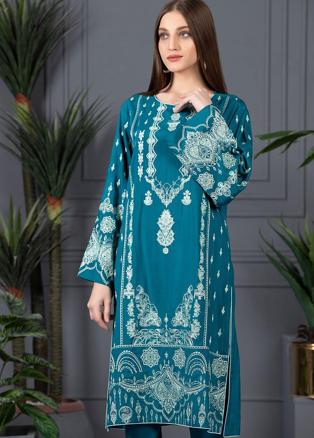 Mosaic Casual Pret Embroidered Raw Silk 2 Piece Suit MS21LR TURQUOISE