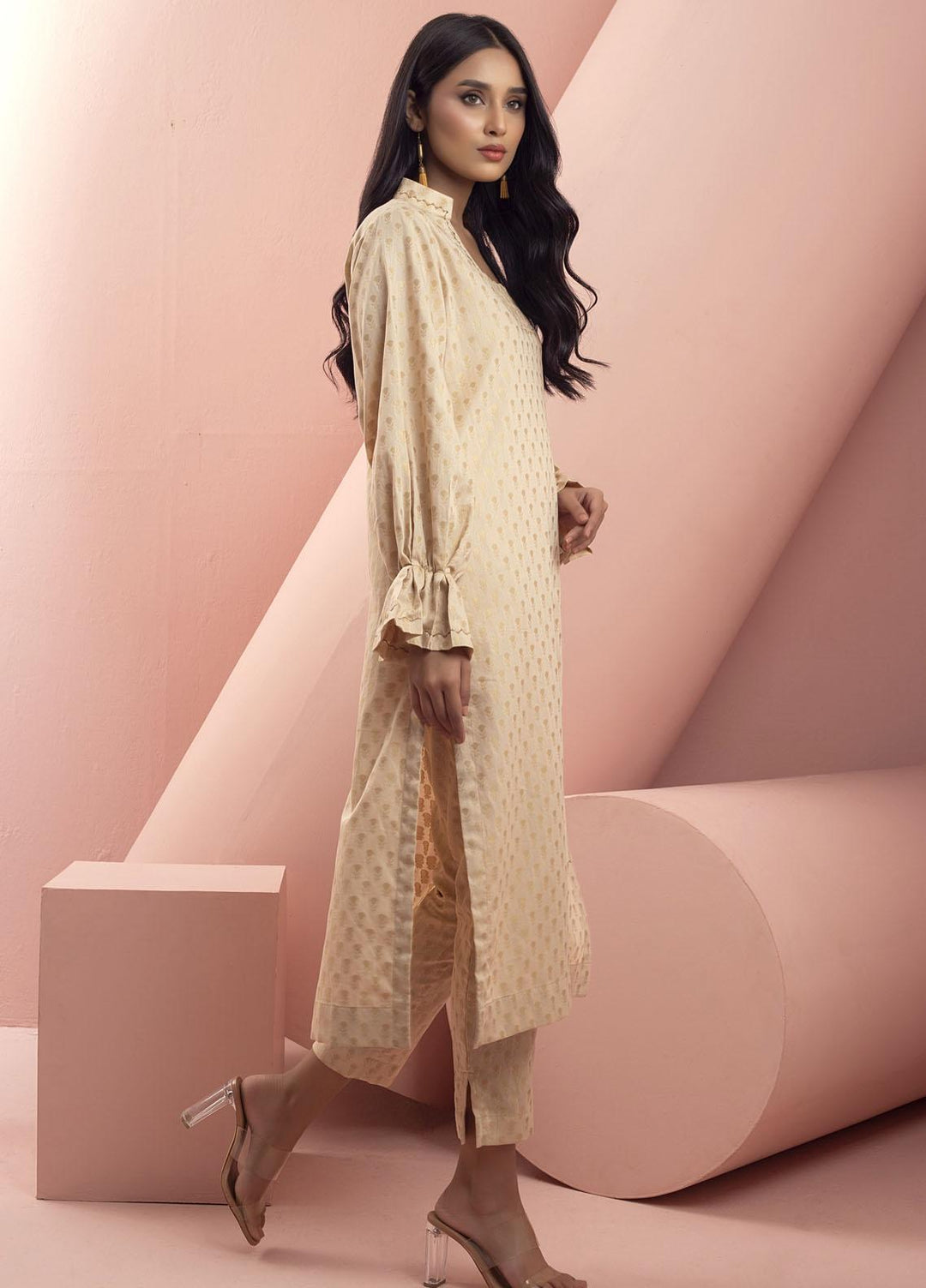 Mosaic Casual Pret  Cotton 2 Piece Suit 111038 BEIGE RUFFLES