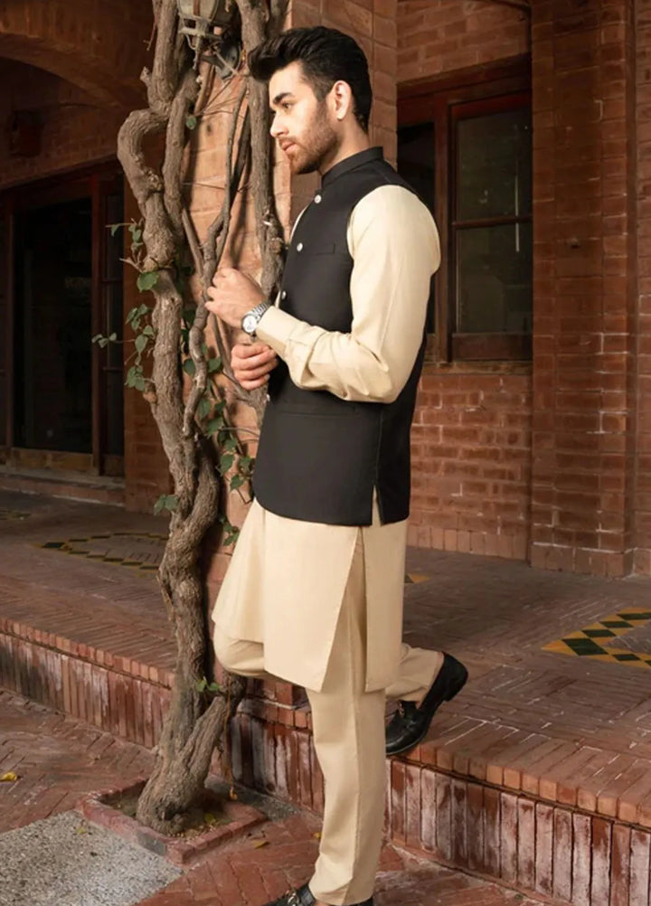 Muraqsh Ivory Kurta Trouser with Black Suiting Waistcoat Round Cut