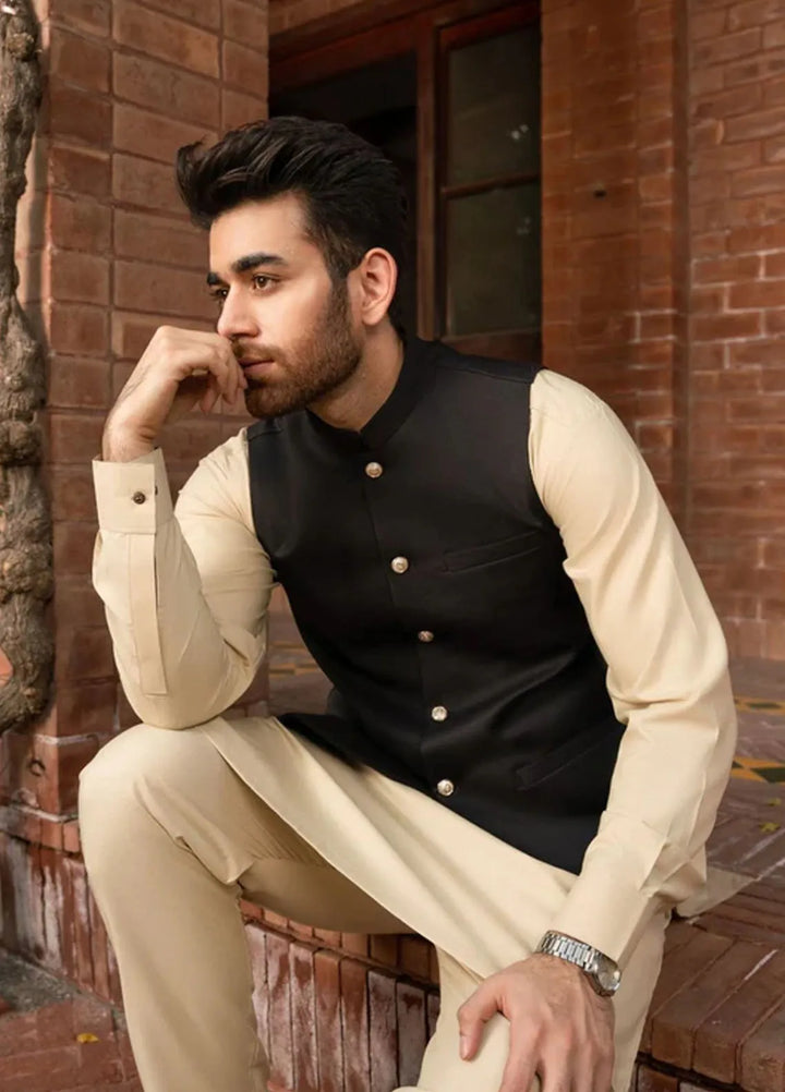 Muraqsh Ivory Kurta Trouser with Black Suiting Waistcoat Round Cut