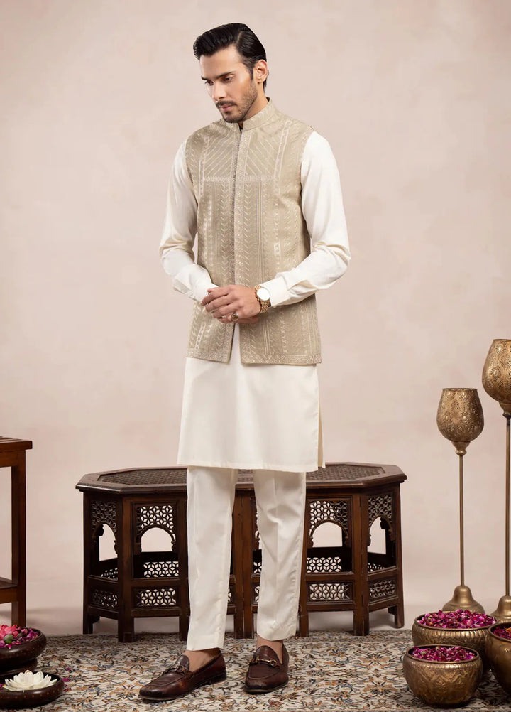 Muraqsh Raw Silk Embroidered Mens Kurta Trouser with Royal Mint Waistcoat