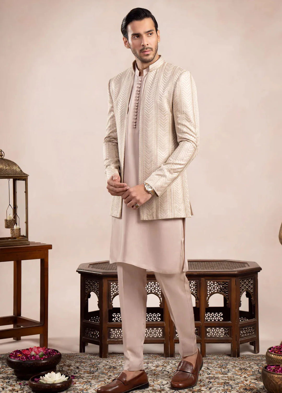 Muraqsh Raw Silk Embroidered Mens Open Prince Coat - Arrow