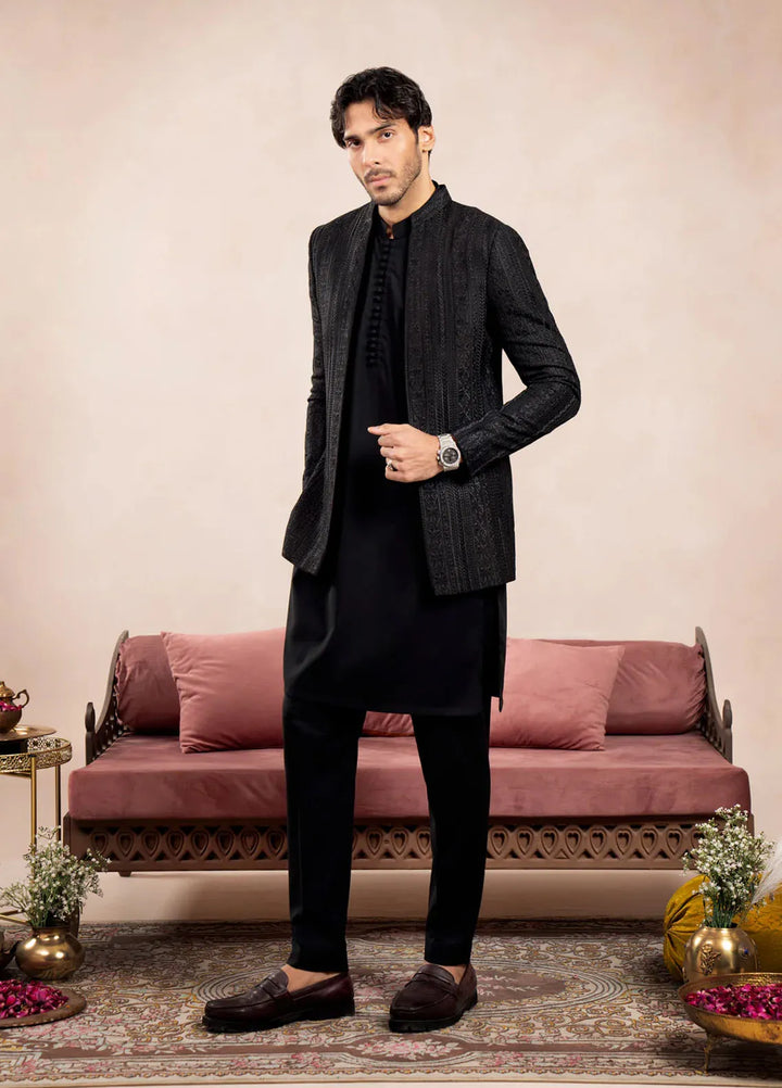 Muraqsh Raw Silk Embroidered Mens Open Prince Coat - Cross Stitched
