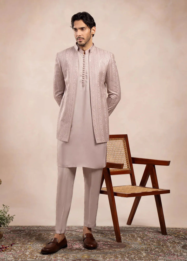 Muraqsh Raw Silk Embroidered Mens Open Prince Coat - Falling