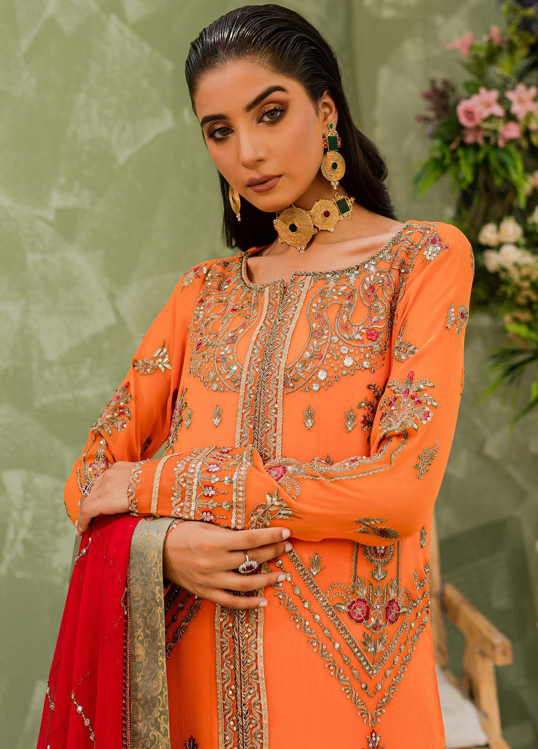 Murat By Freesia Premium Embroidered Chiffon Suits Unstitched 3 Piece FRE23MU FFD-0111 Orange Ochra - Festive Collection