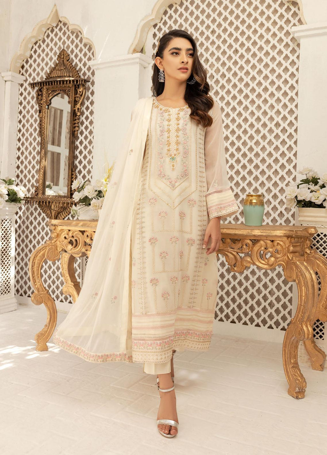 Shamooz Luxury Pret  Chiffon 3 Piece Suit Ivory Bound SEM-0425