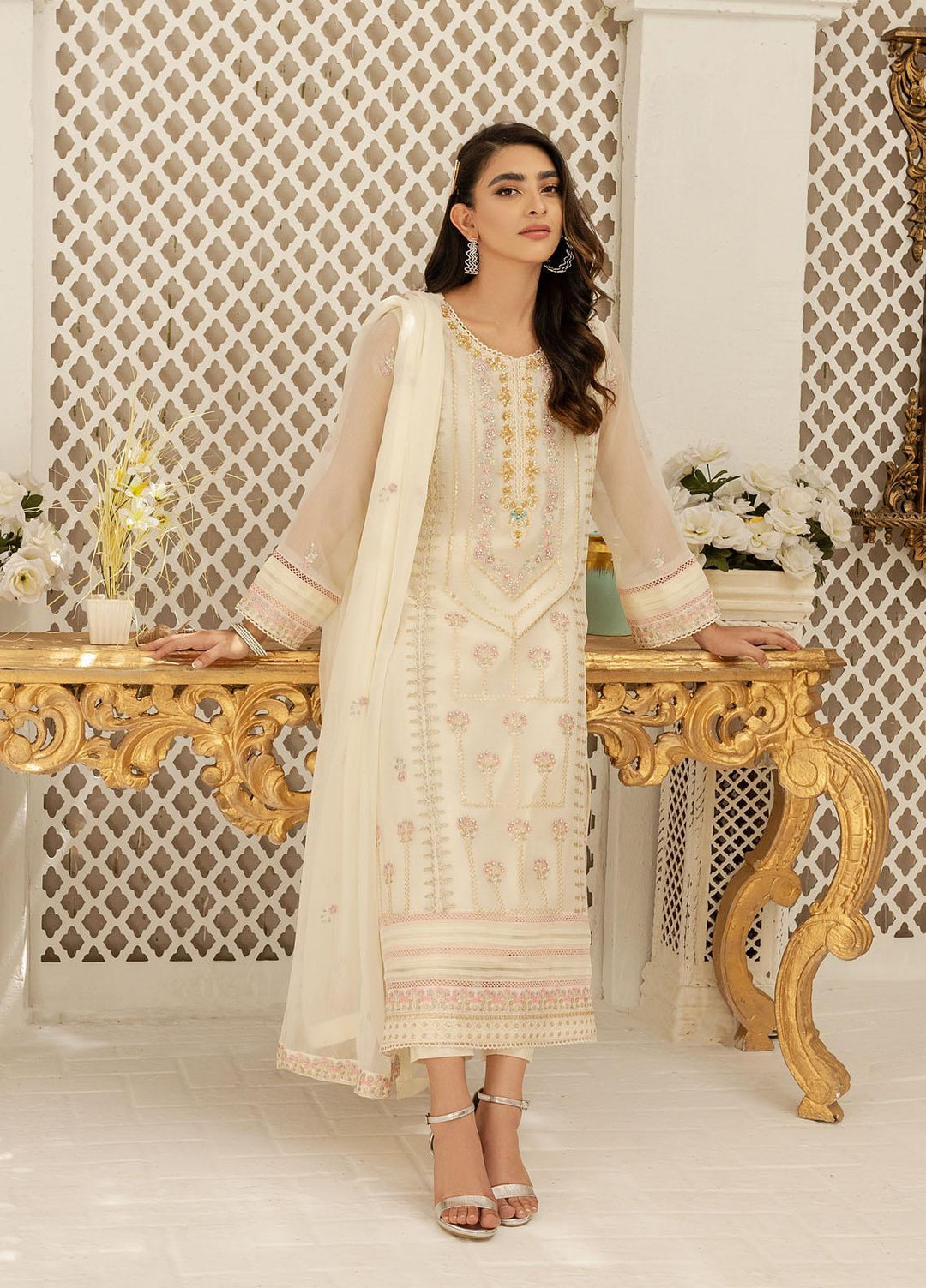 Shamooz Luxury Pret  Chiffon 3 Piece Suit Ivory Bound SEM-0425