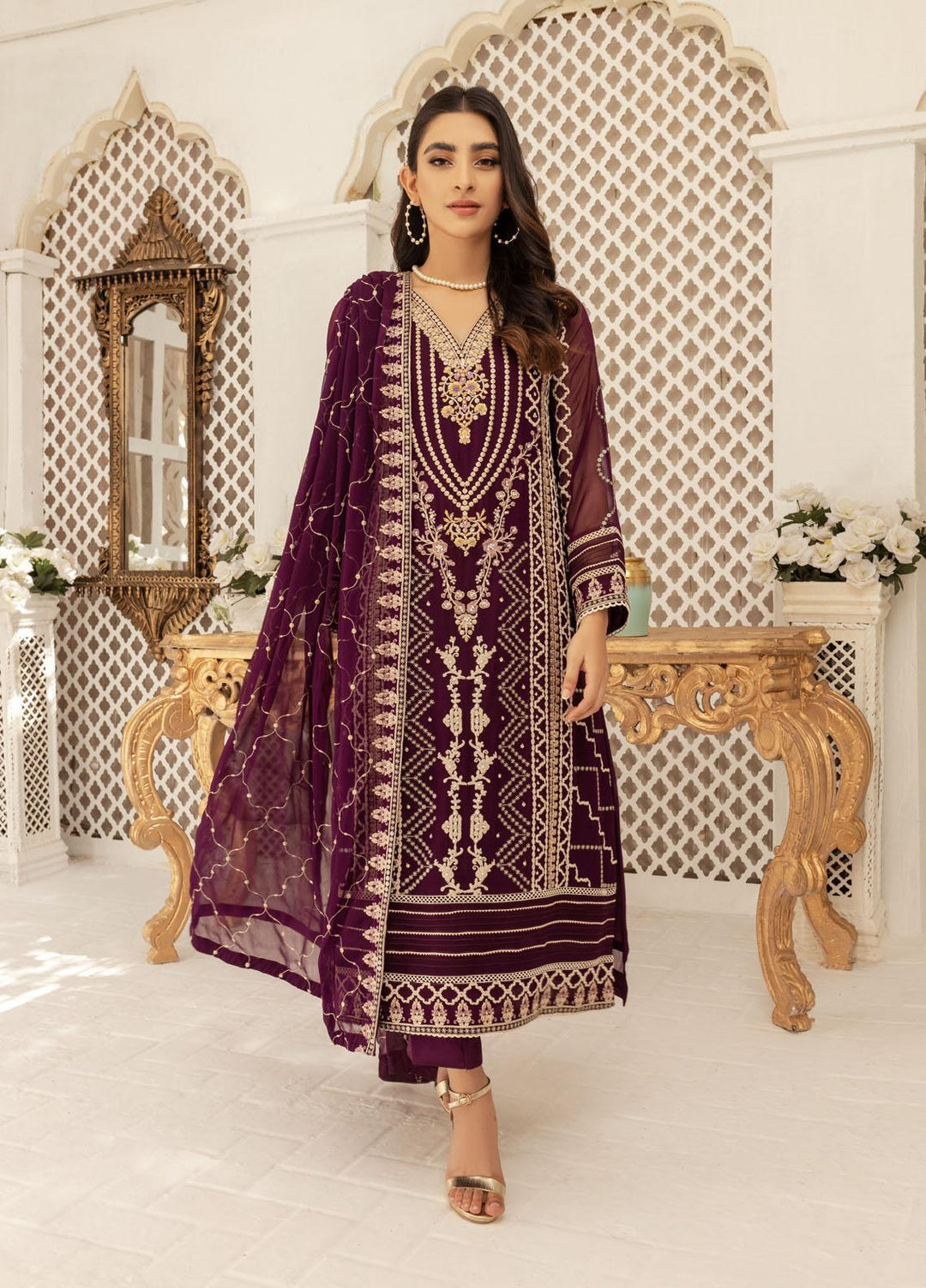 Shamooz Luxury Pret  Chiffon 3 Piece Suit Plum SEM-0429
