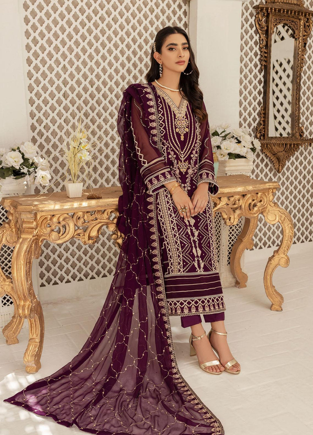 Shamooz Luxury Pret  Chiffon 3 Piece Suit Plum SEM-0429