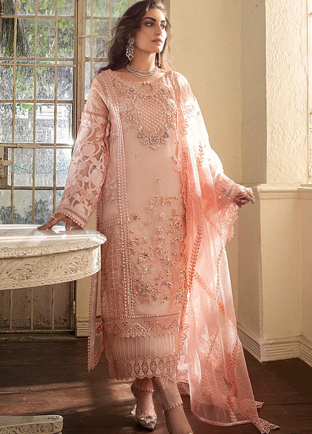 Mushq Embroidered Organza Stitched Kurti PEARL BLUSH