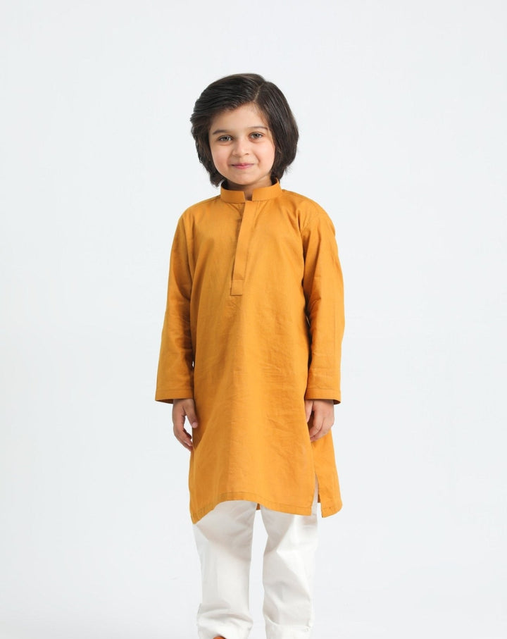 Muraqsh Ready To Wear Solids  Boys Mustard Cotton Kurta Trouser MURSCKT - Summer Collection