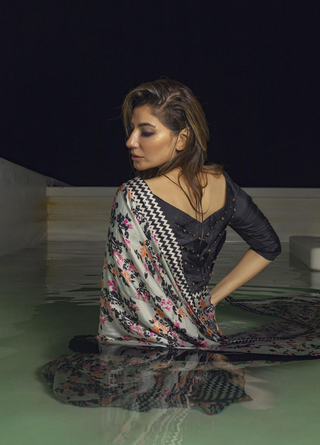 Muzains Luxury Pret  Silk Saree MU23LPS MFS-2040 Black Floral