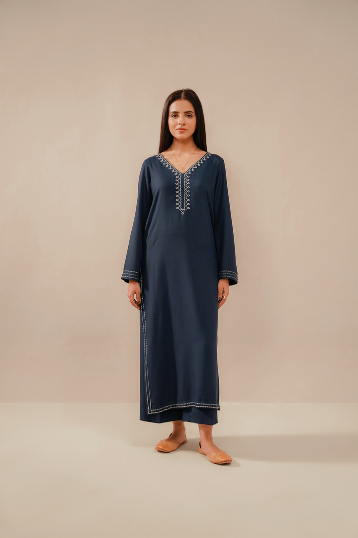 Divinely Crafted Pret Embroidered Silk Karandi 2 Piece Indigo