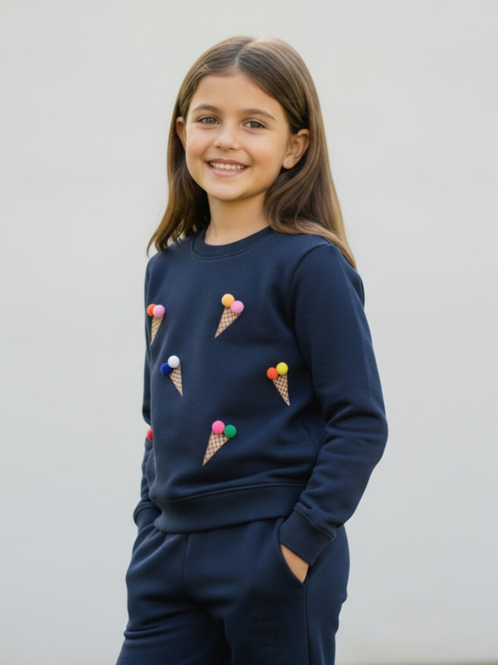 Ixample Kids Pret 2 Piece Hand work Set Navy Waffle Sweatshirt And Trouser - Winter Collection