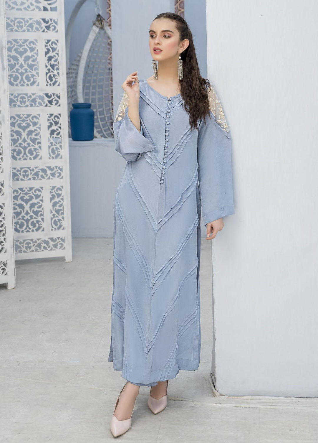 Naayas Luxury Pret  Silk Shirt Seablue