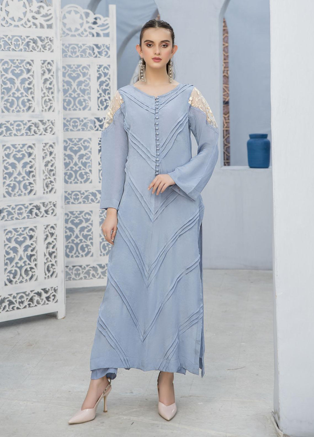 Naayas Luxury Pret  Silk Shirt Seablue
