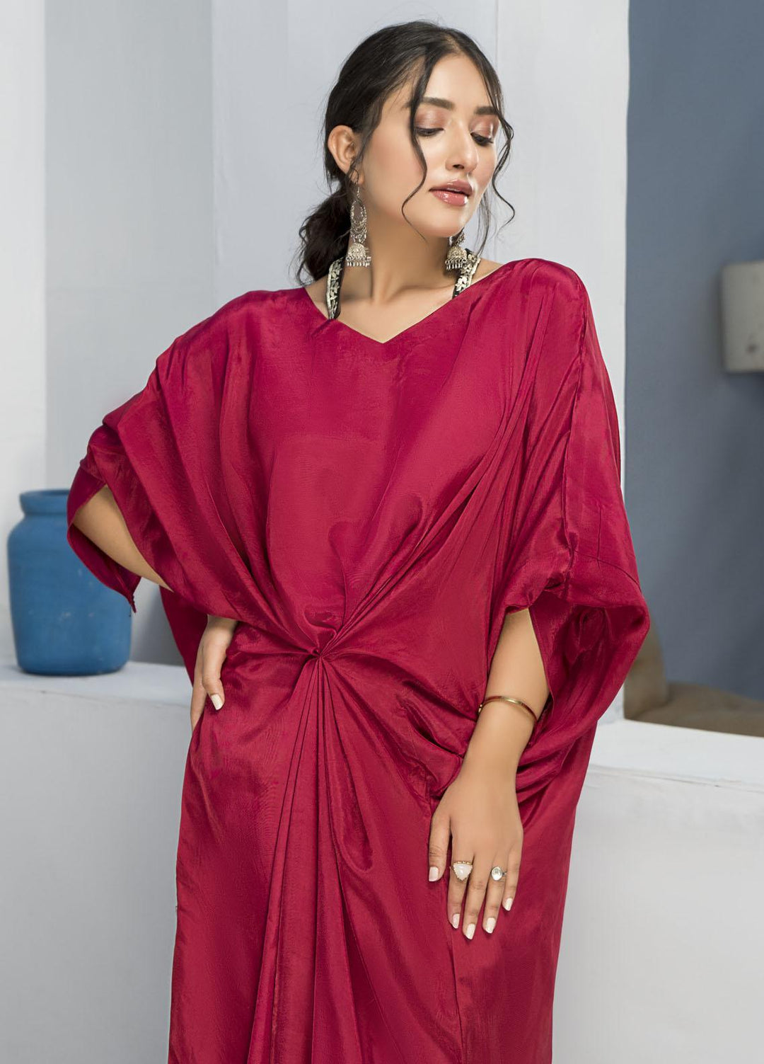 Naayas Luxury Pret  Silk Kaftan Rosy red